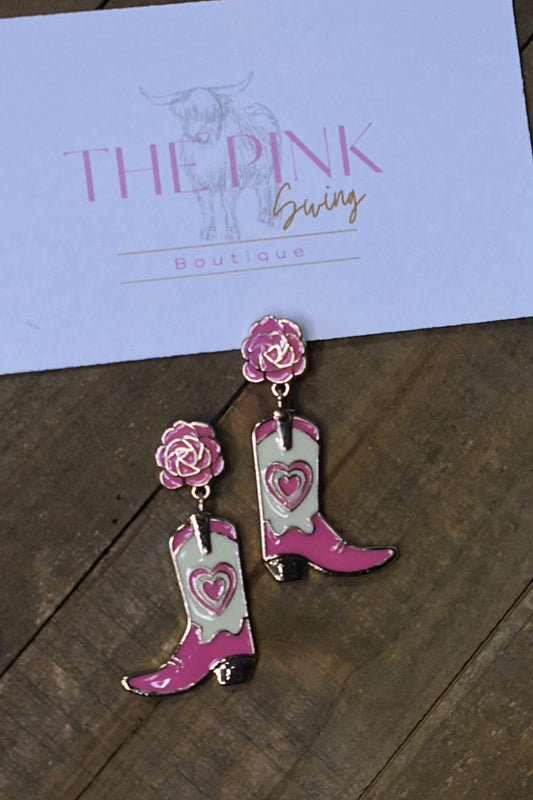 Pink Rose Cowboy Boot Dangle Earrings