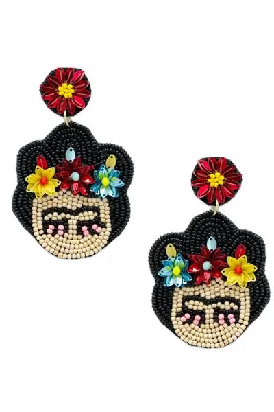Hand-Beaded Earrings of a Mexican Señorita with Flowers in Hair