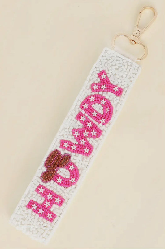 Howdy Pink & White Seed Bead Wristlet Keychain