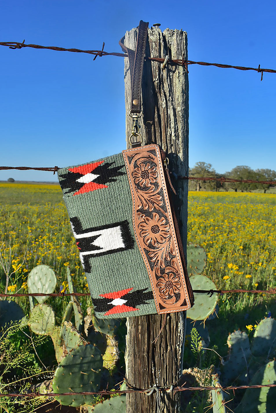 Aztec Saddle Blanket Design & Hand Tooled Leather Wristlet Clutch Purse