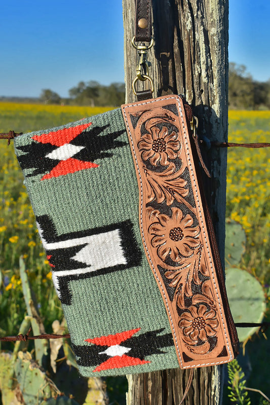 Aztec Saddle Blanket Design & Hand Tooled Leather Wristlet Clutch Purse